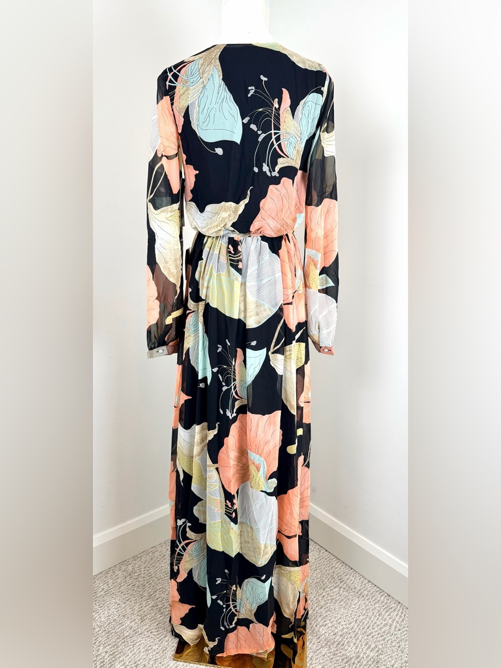 Lulu's Black Maxi Dress Coral & Mint Floral Print Faux Wrap XS NWT - Picture 4 of 16